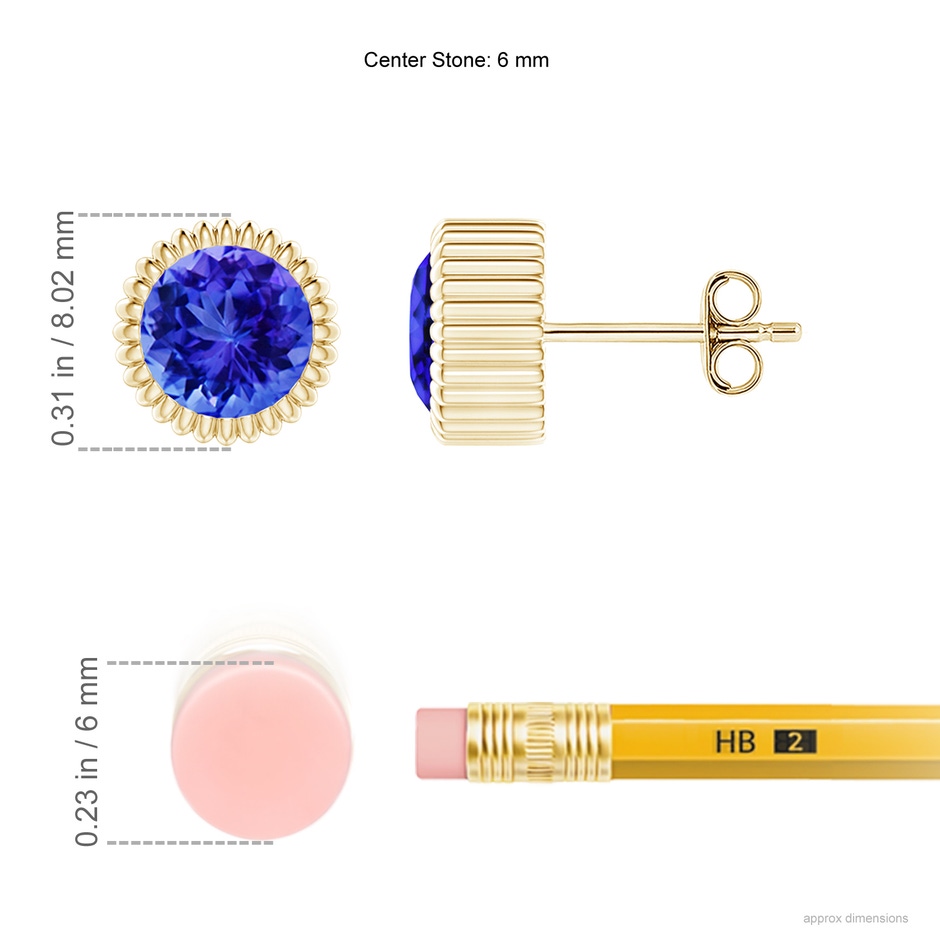 6mm AAA Bezel-Set Solitaire Round Tanzanite Beaded Halo Studs in Yellow Gold ruler