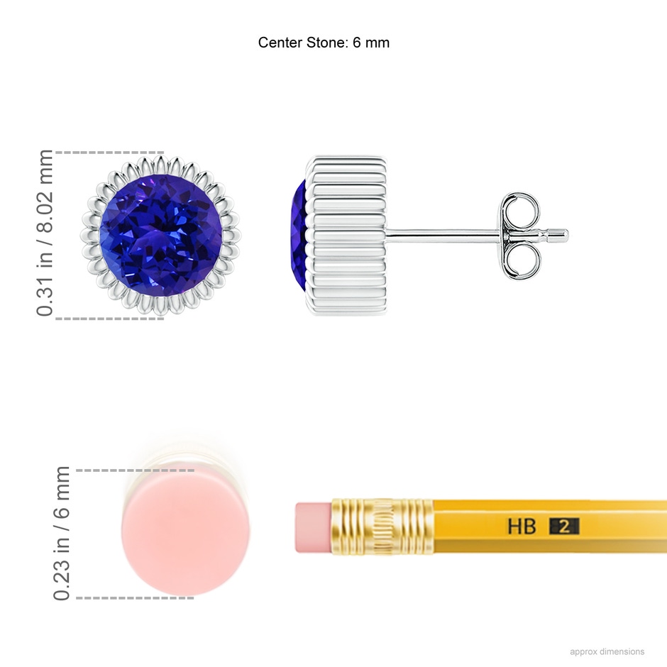 6mm AAAA Bezel-Set Solitaire Round Tanzanite Beaded Halo Studs in White Gold ruler