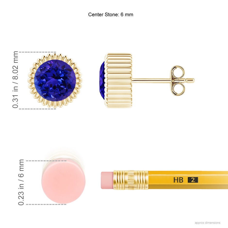 6mm AAAA Bezel-Set Solitaire Round Tanzanite Beaded Halo Studs in Yellow Gold ruler
