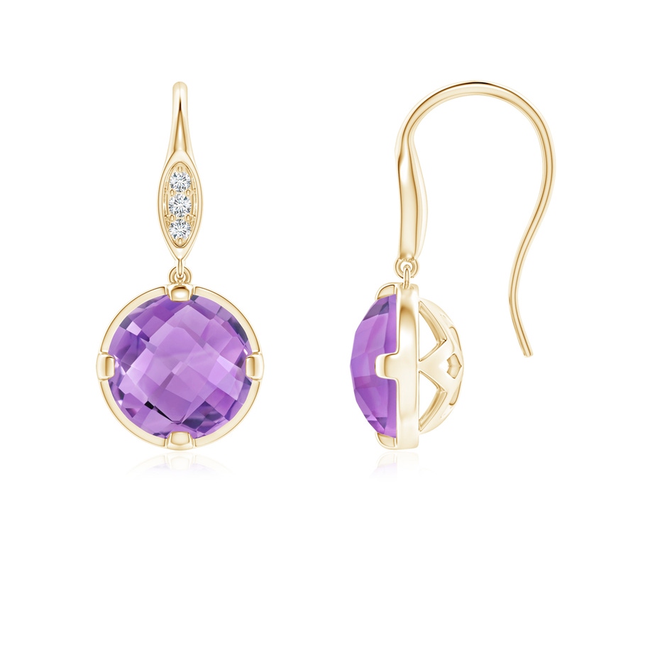 6mm A Round Amethyst Fish Hook Earrings with Diamond Accents in Yellow Gold 