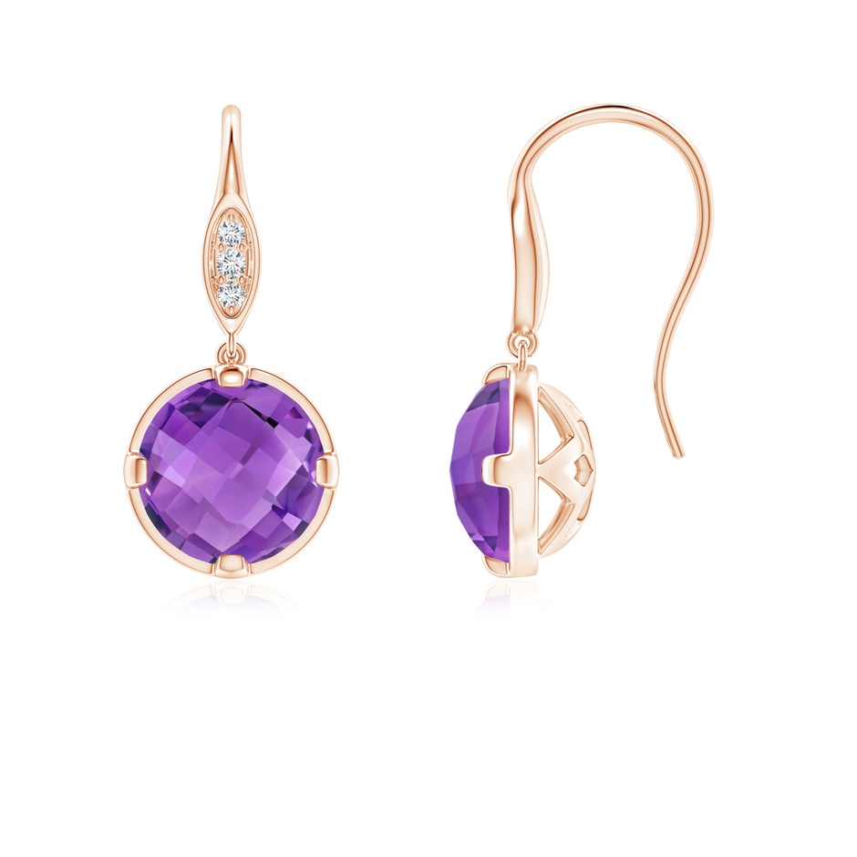 6mm AA Round Amethyst Fish Hook Earrings with Diamond Accents in Rose Gold 