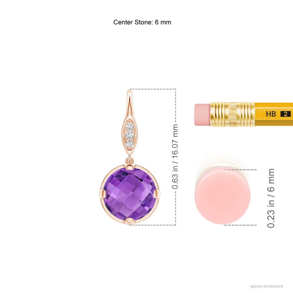 6mm AA Round Amethyst Fish Hook Earrings with Diamond Accents in Rose Gold ruler