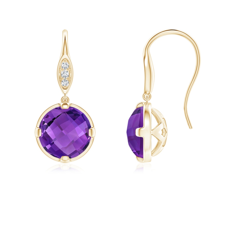 6mm AAA Round Amethyst Fish Hook Earrings with Diamond Accents in Yellow Gold 