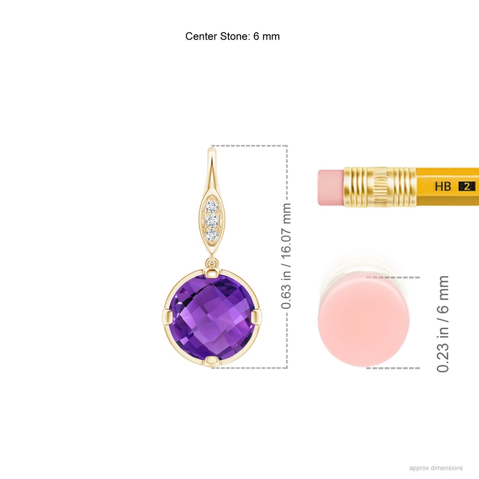 6mm AAA Round Amethyst Fish Hook Earrings with Diamond Accents in Yellow Gold ruler