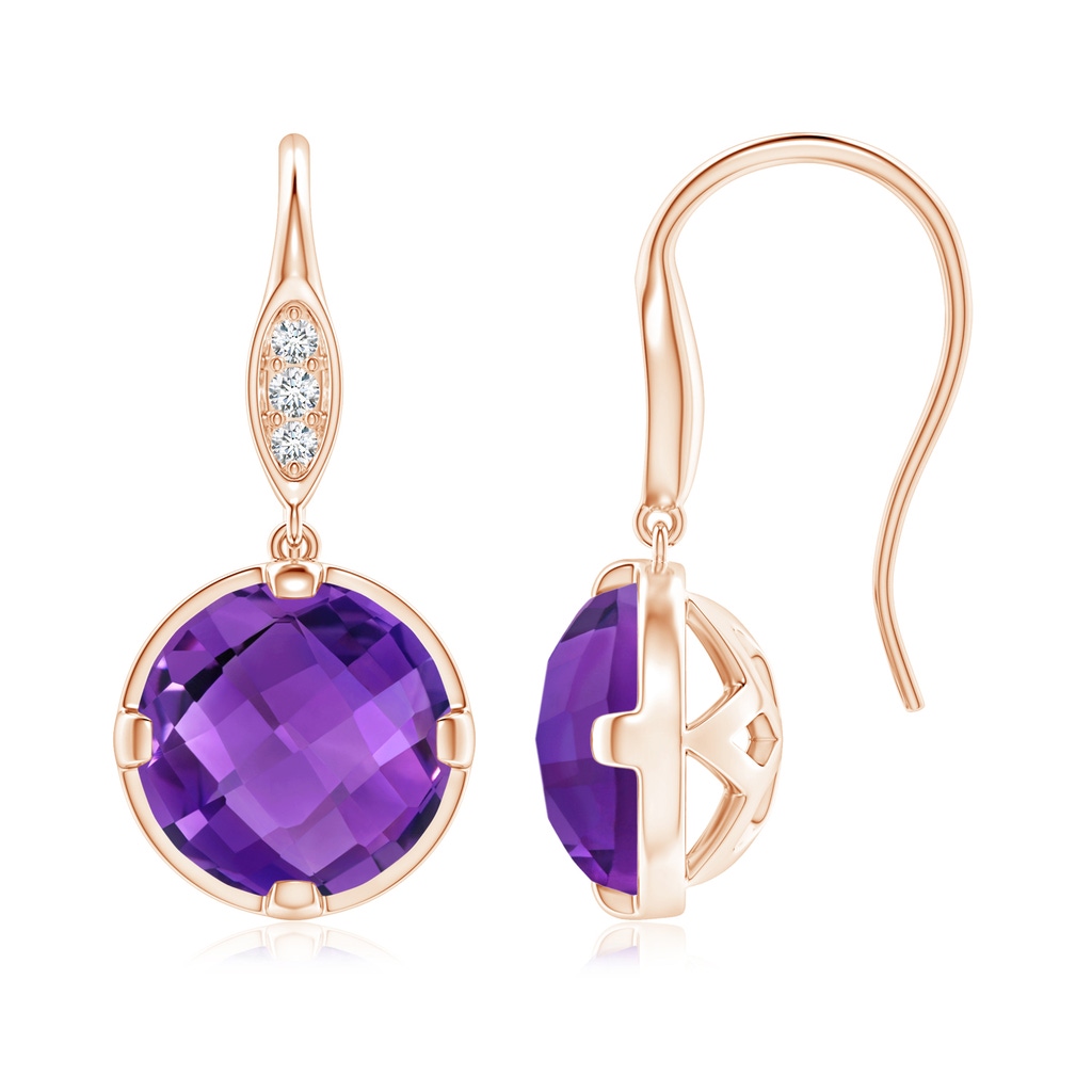 8mm AAA Round Amethyst Fish Hook Earrings with Diamond Accents in Rose Gold