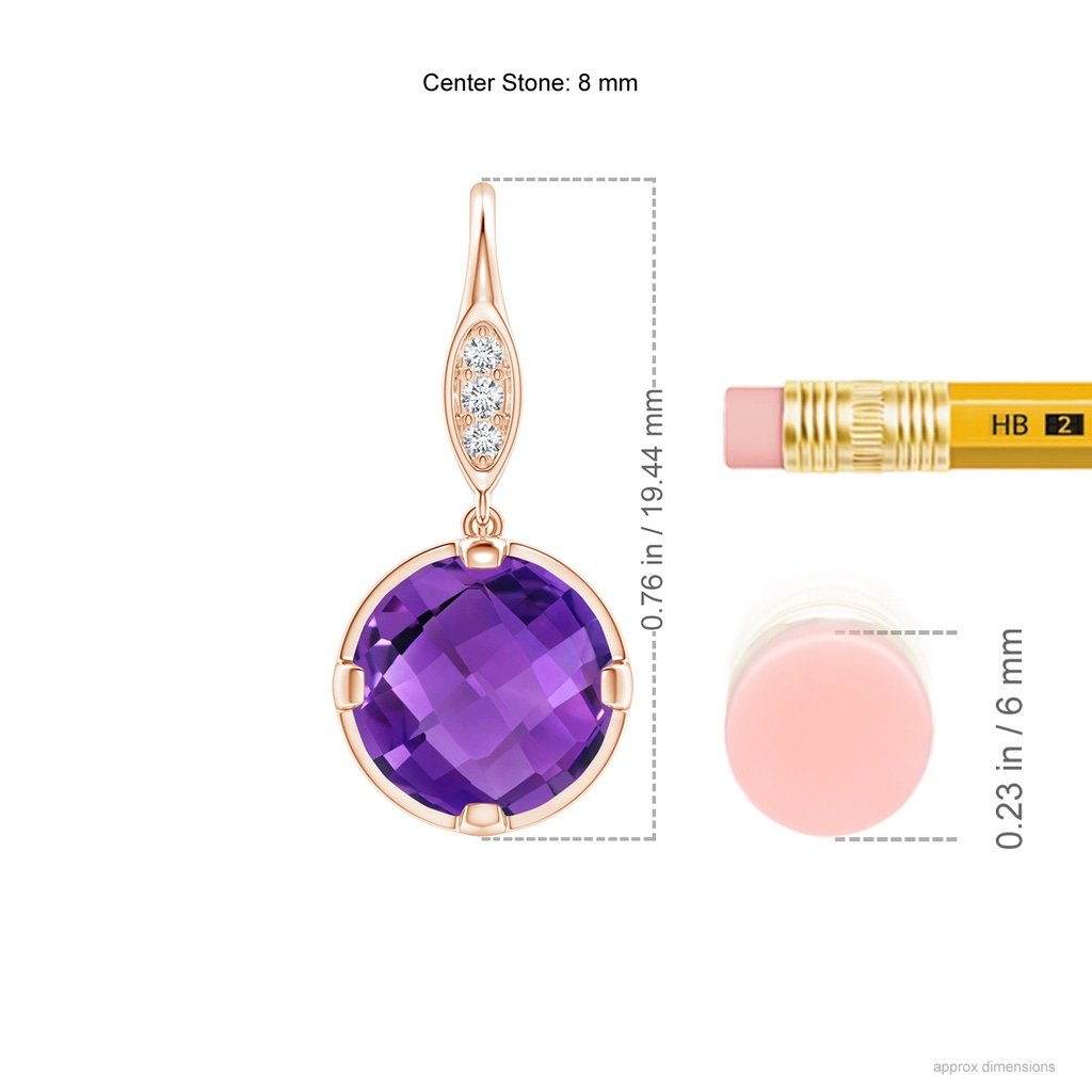 8mm AAA Round Amethyst Fish Hook Earrings with Diamond Accents in Rose Gold Ruler