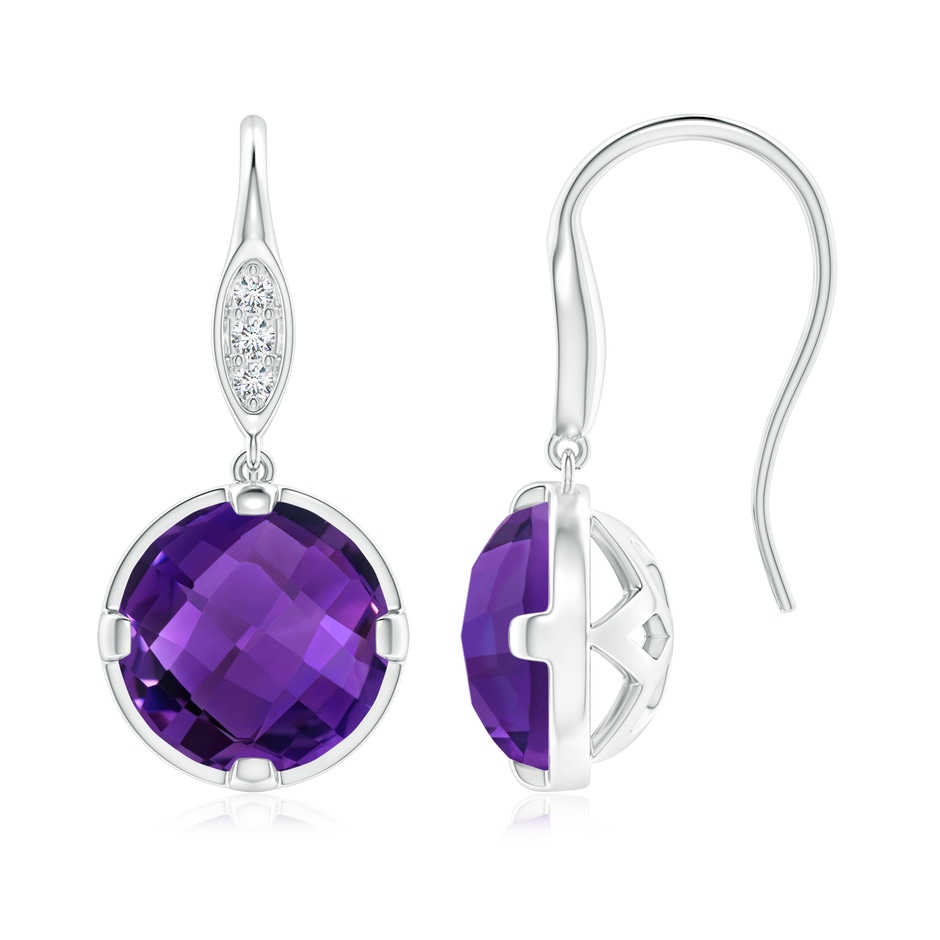 8mm AAAA Round Amethyst Fish Hook Earrings with Diamond Accents in White Gold 