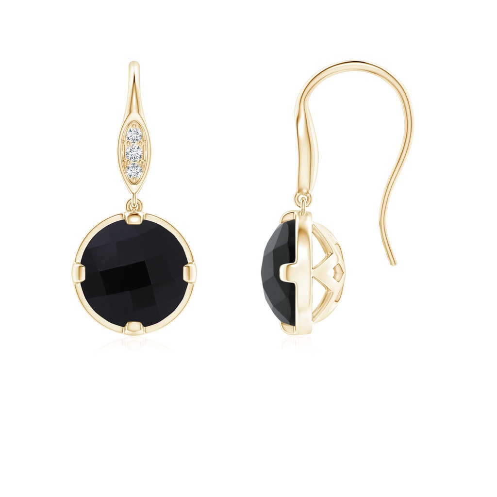 6mm AAA Round Black Onyx Fish Hook Earrings with Diamond Accents in Yellow Gold