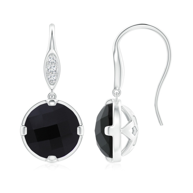 Round Black Onyx Fish Hook Earrings with Diamond Accents