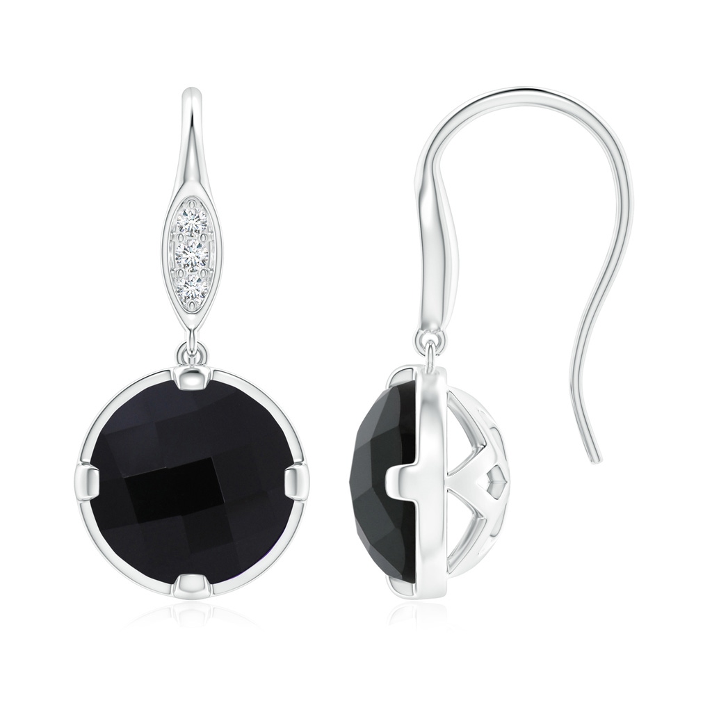 8mm AAA Round Black Onyx Fish Hook Earrings with Diamond Accents in White Gold