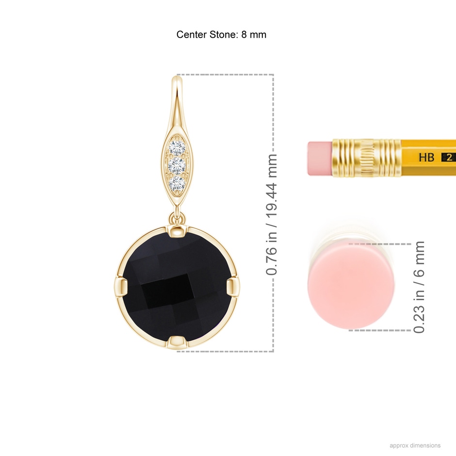 8mm AAA Round Black Onyx Fish Hook Earrings with Diamond Accents in Yellow Gold ruler
