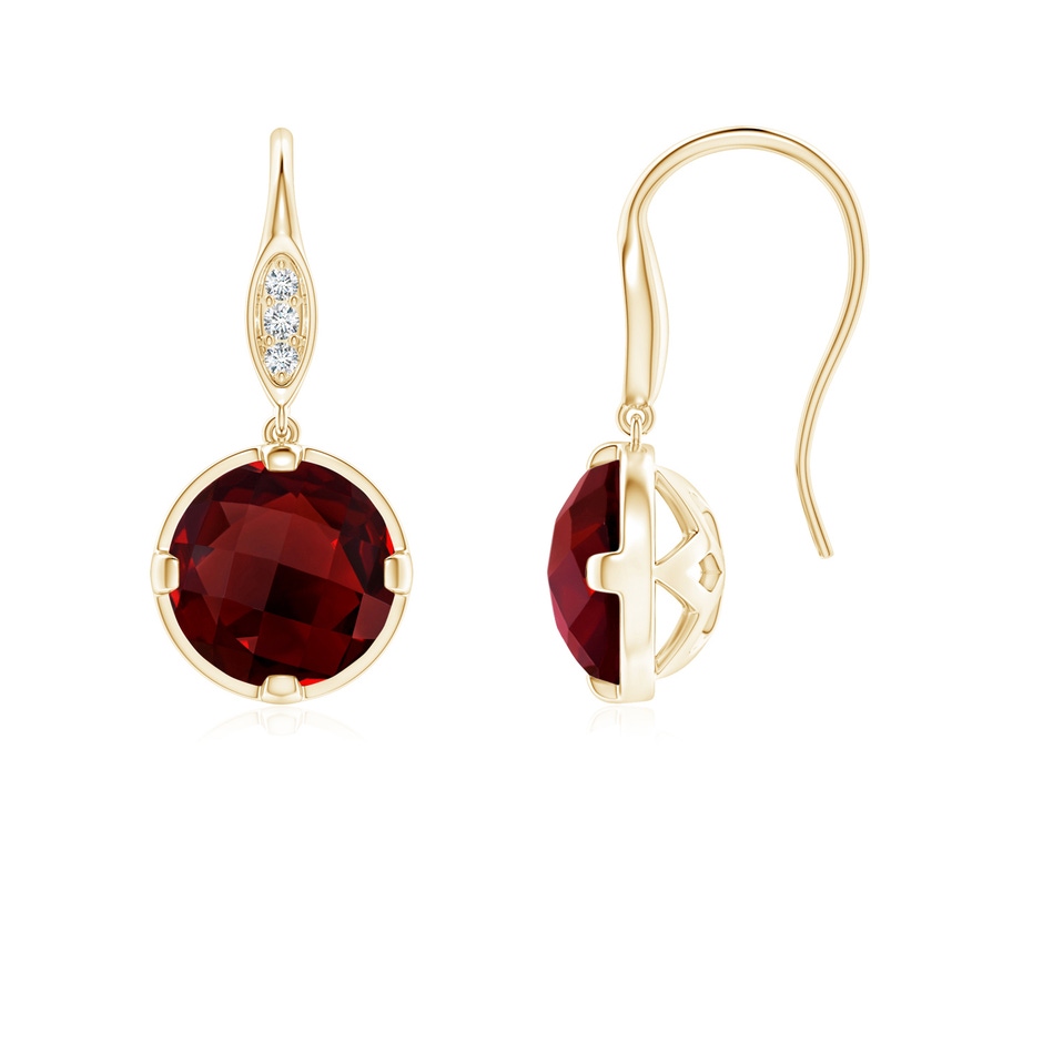 6mm AAAA Round Garnet Fish Hook Earrings with Diamond Accents in Yellow Gold 