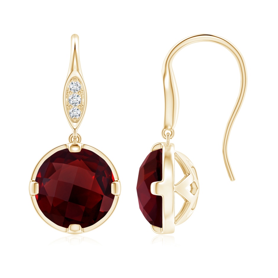 8mm AAA Round Garnet Fish Hook Earrings with Diamond Accents in Yellow Gold 