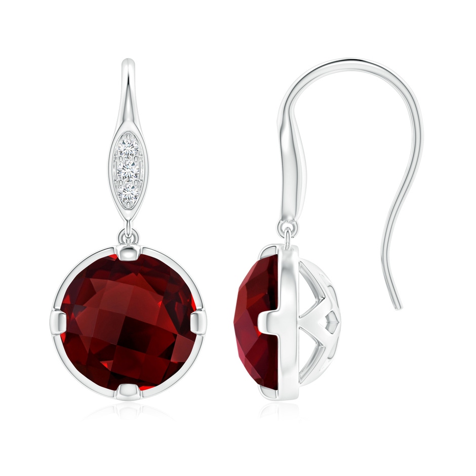 8mm AAAA Round Garnet Fish Hook Earrings with Diamond Accents in White Gold 