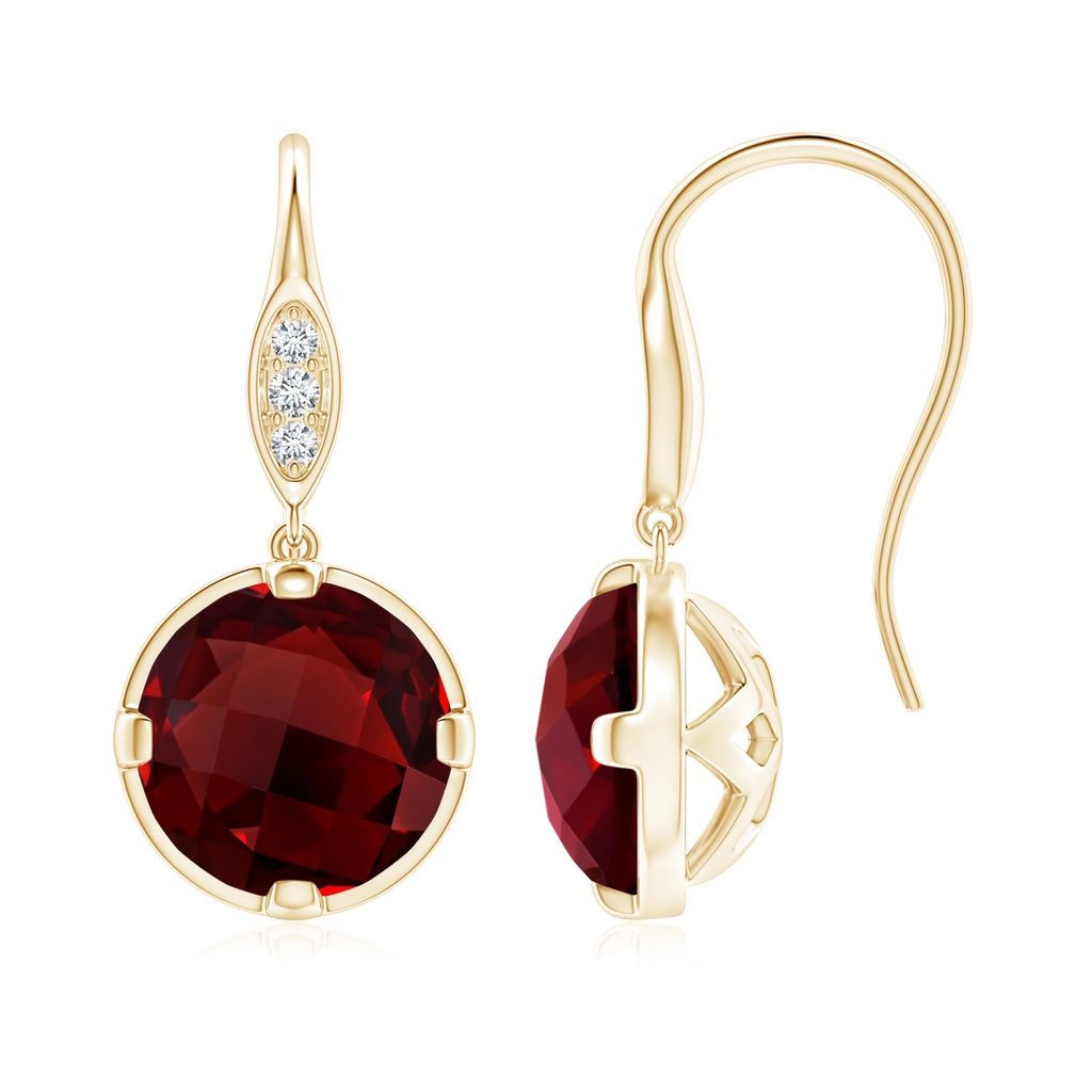 8mm AAAA Round Garnet Fish Hook Earrings with Diamond Accents in Yellow Gold