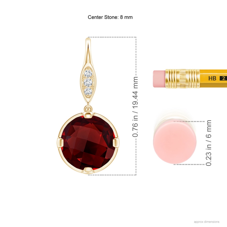 8mm AAAA Round Garnet Fish Hook Earrings with Diamond Accents in Yellow Gold ruler