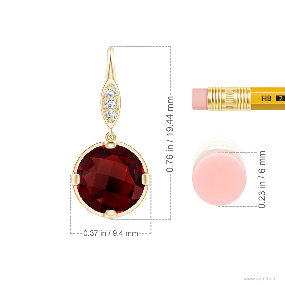 8mm AAAA Round Garnet Fish Hook Earrings with Diamond Accents in Yellow Gold ruler