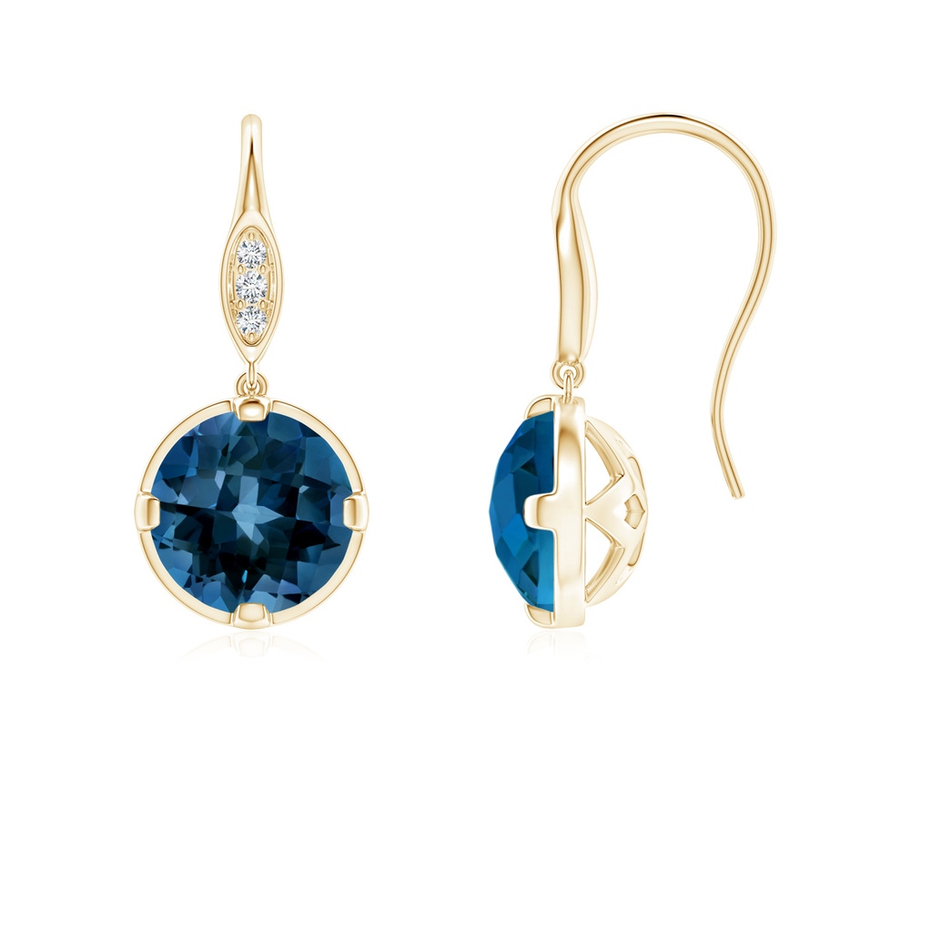 6mm AAAA London Blue Topaz Fish Hook Earrings with Diamond Accents in Yellow Gold