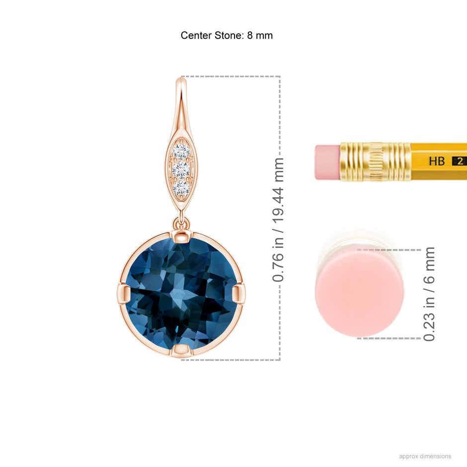 8mm AAAA London Blue Topaz Fish Hook Earrings with Diamond Accents in Rose Gold Ruler