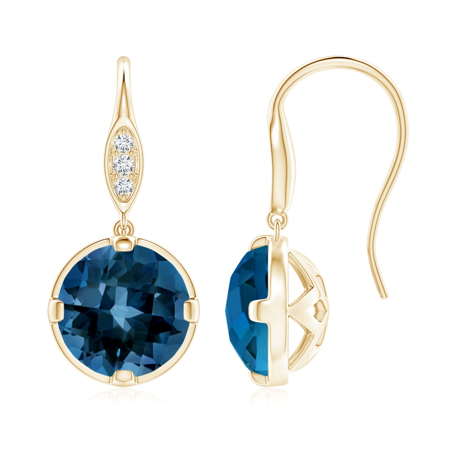 8mm AAAA London Blue Topaz Fish Hook Earrings with Diamond Accents in Yellow Gold 