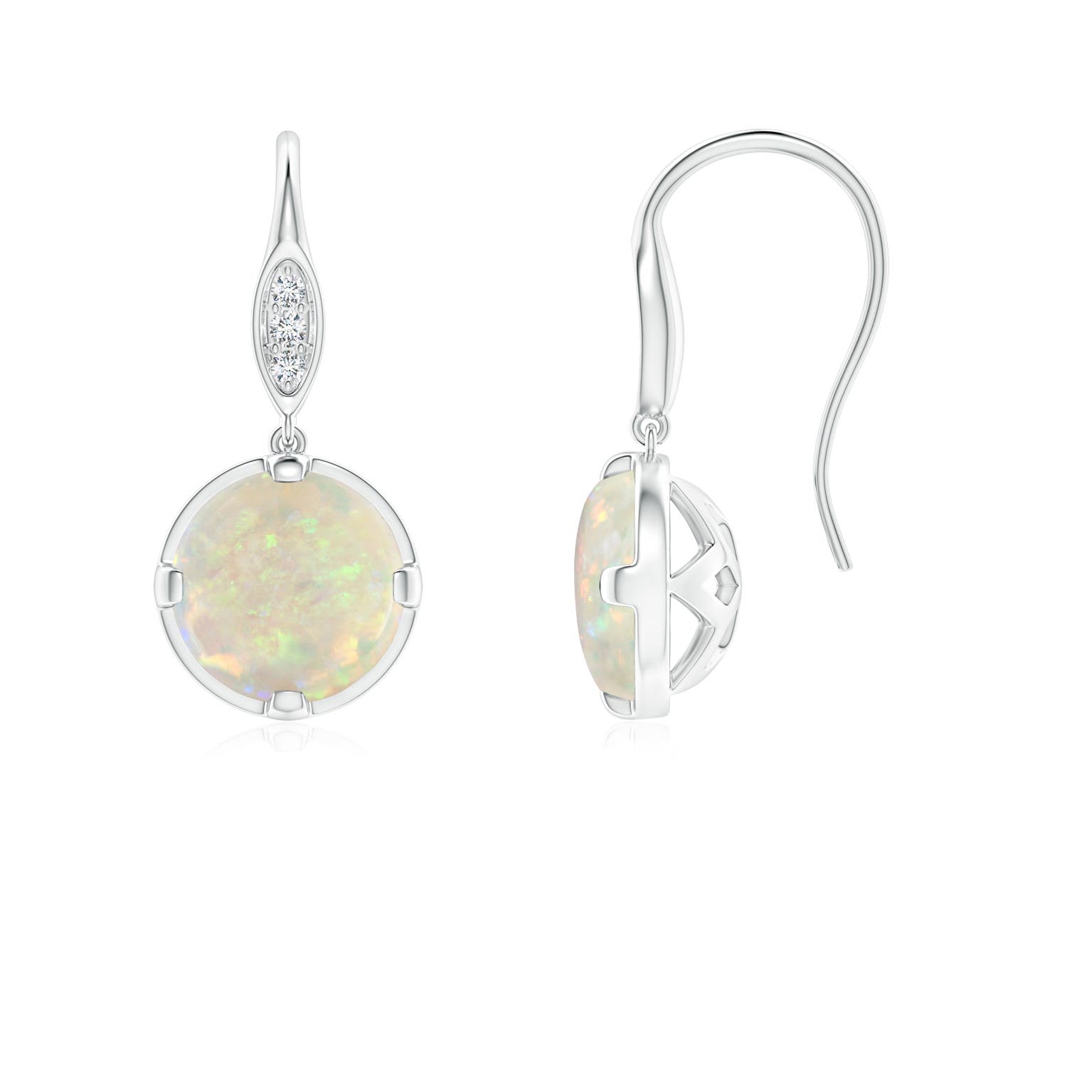 Round Opal Fish Hook Earrings with Diamond Accents | Angara