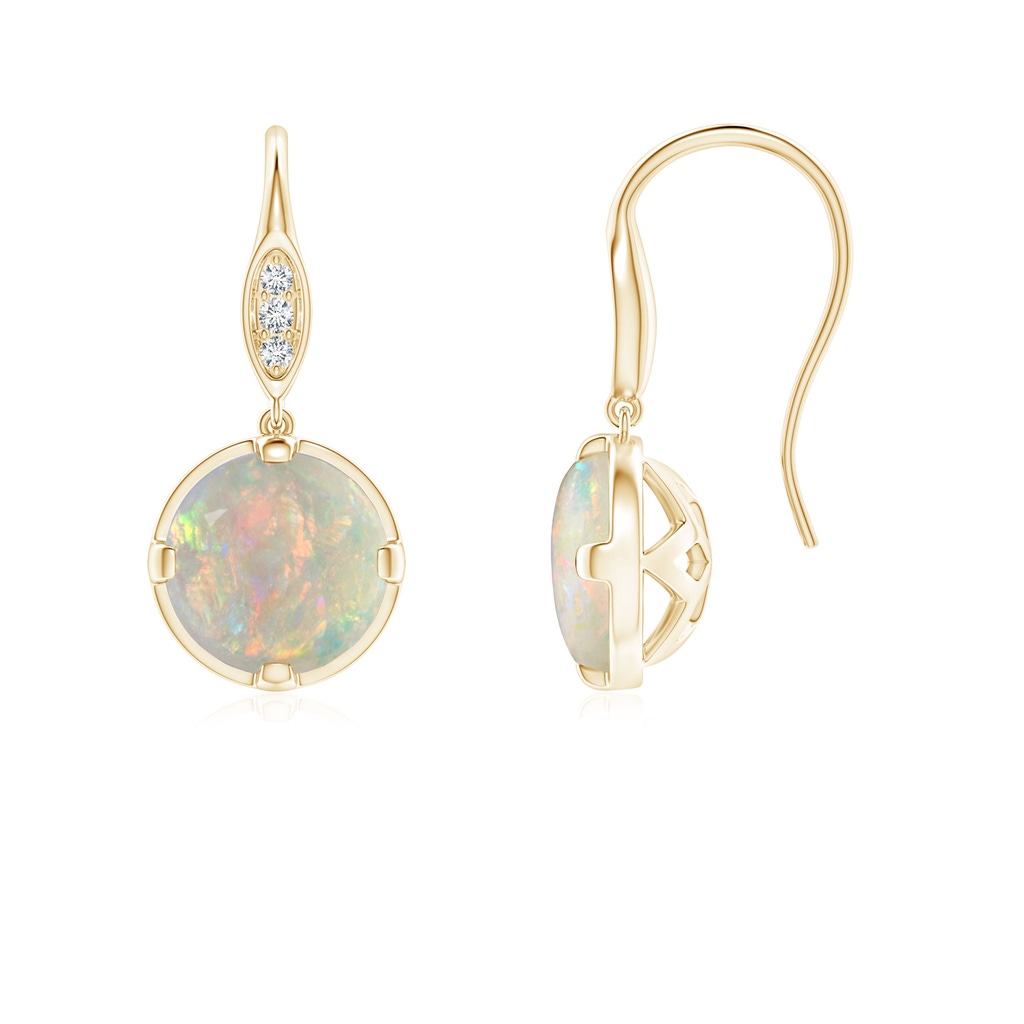 6mm AAAA Round Opal Fish Hook Earrings with Diamond Accents in Yellow Gold