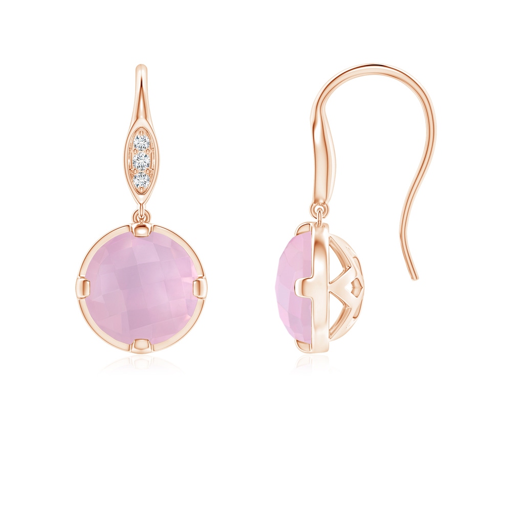 6mm AAAA Round Rose Quartz Fish Hook Earrings with Diamond Accents in Rose Gold
