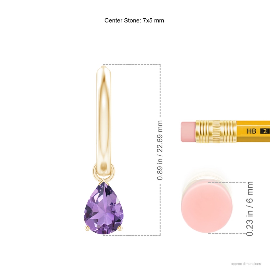 7x5mm A Pear-Shaped Amethyst Hinged Hoop Drop Earrings in Yellow Gold ruler