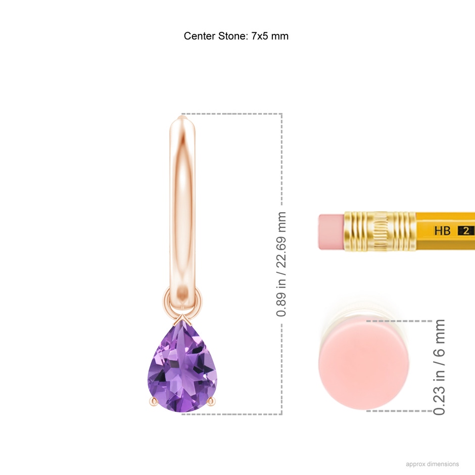 7x5mm AA Pear-Shaped Amethyst Hinged Hoop Drop Earrings in Rose Gold ruler