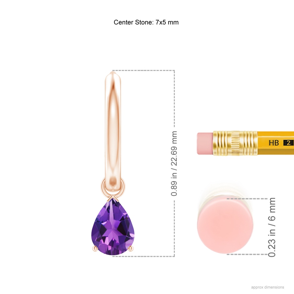 7x5mm AAAA Pear-Shaped Amethyst Hinged Hoop Drop Earrings in Rose Gold ruler