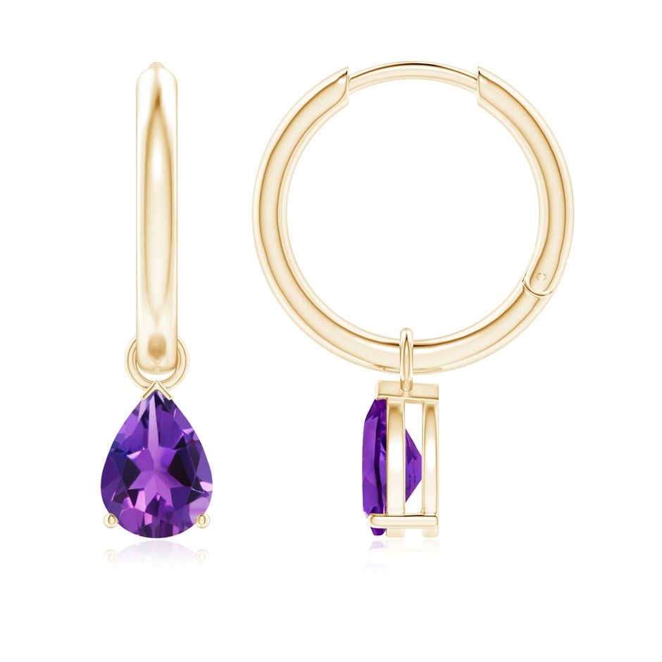 7x5mm AAAA Pear-Shaped Amethyst Hinged Hoop Drop Earrings in Yellow Gold 
