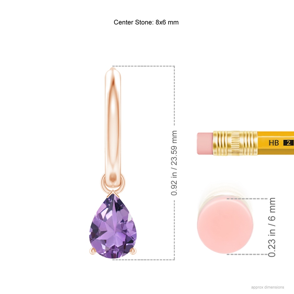 8x6mm A Pear-Shaped Amethyst Hinged Hoop Drop Earrings in Rose Gold ruler