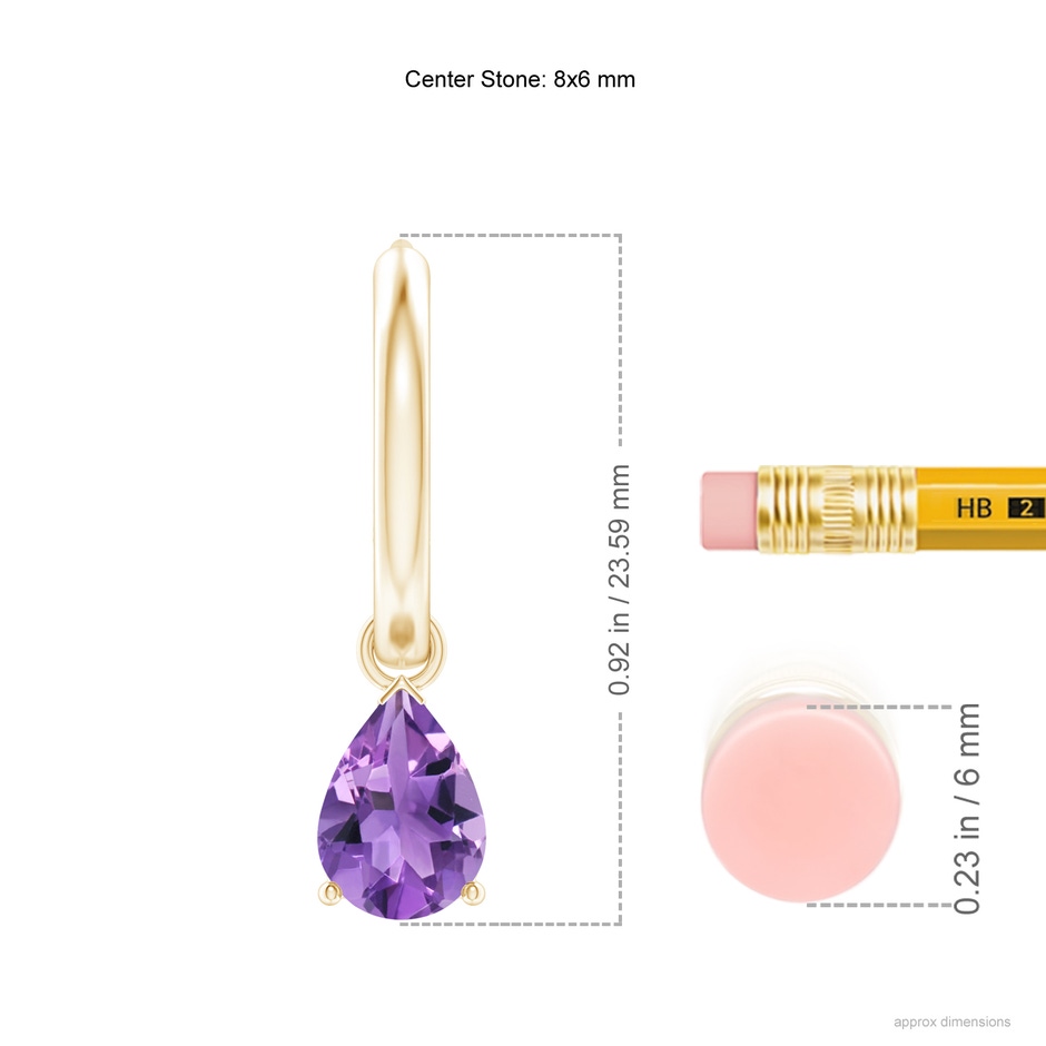 8x6mm AA Pear-Shaped Amethyst Hinged Hoop Drop Earrings in Yellow Gold ruler