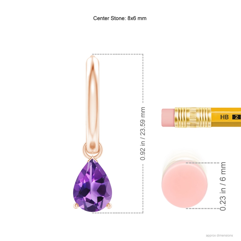 8x6mm AAA Pear-Shaped Amethyst Hinged Hoop Drop Earrings in Rose Gold ruler