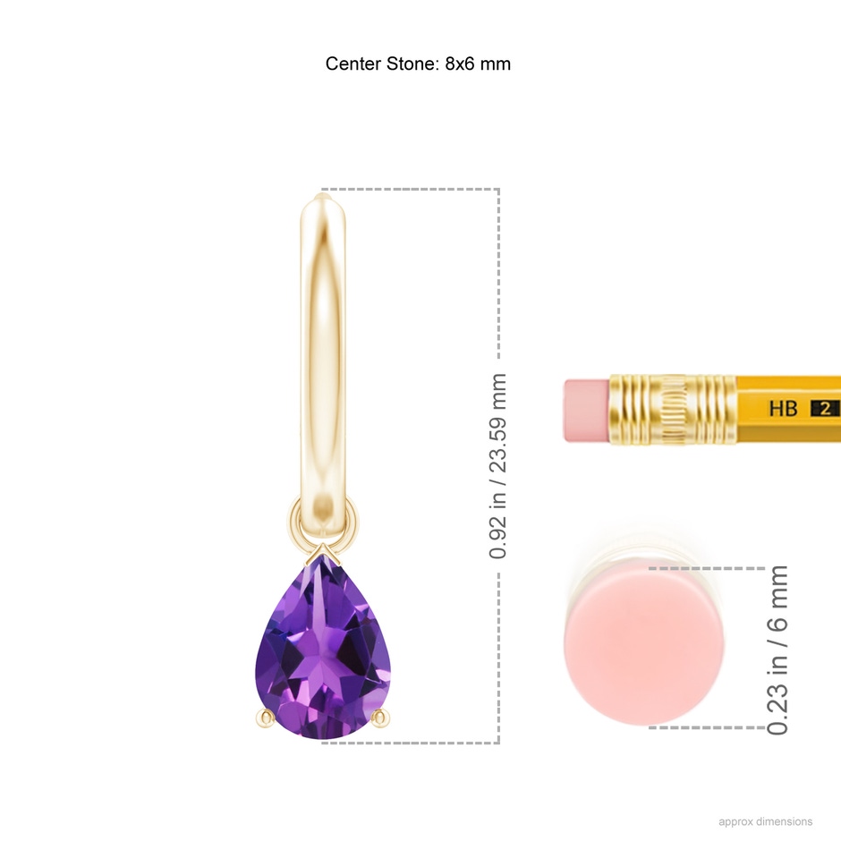 8x6mm AAAA Pear-Shaped Amethyst Hinged Hoop Drop Earrings in Yellow Gold ruler
