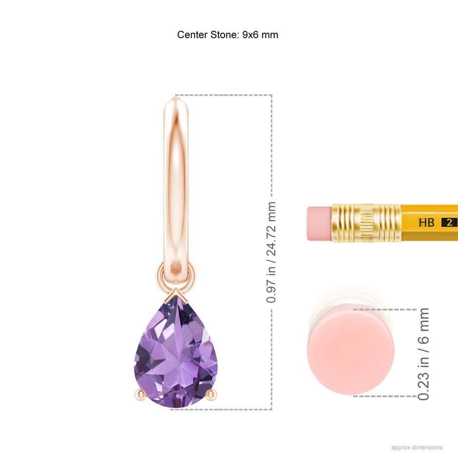 9x6mm A Pear-Shaped Amethyst Hinged Hoop Drop Earrings in Rose Gold ruler
