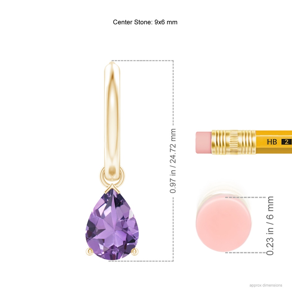 9x6mm A Pear-Shaped Amethyst Hinged Hoop Drop Earrings in Yellow Gold ruler