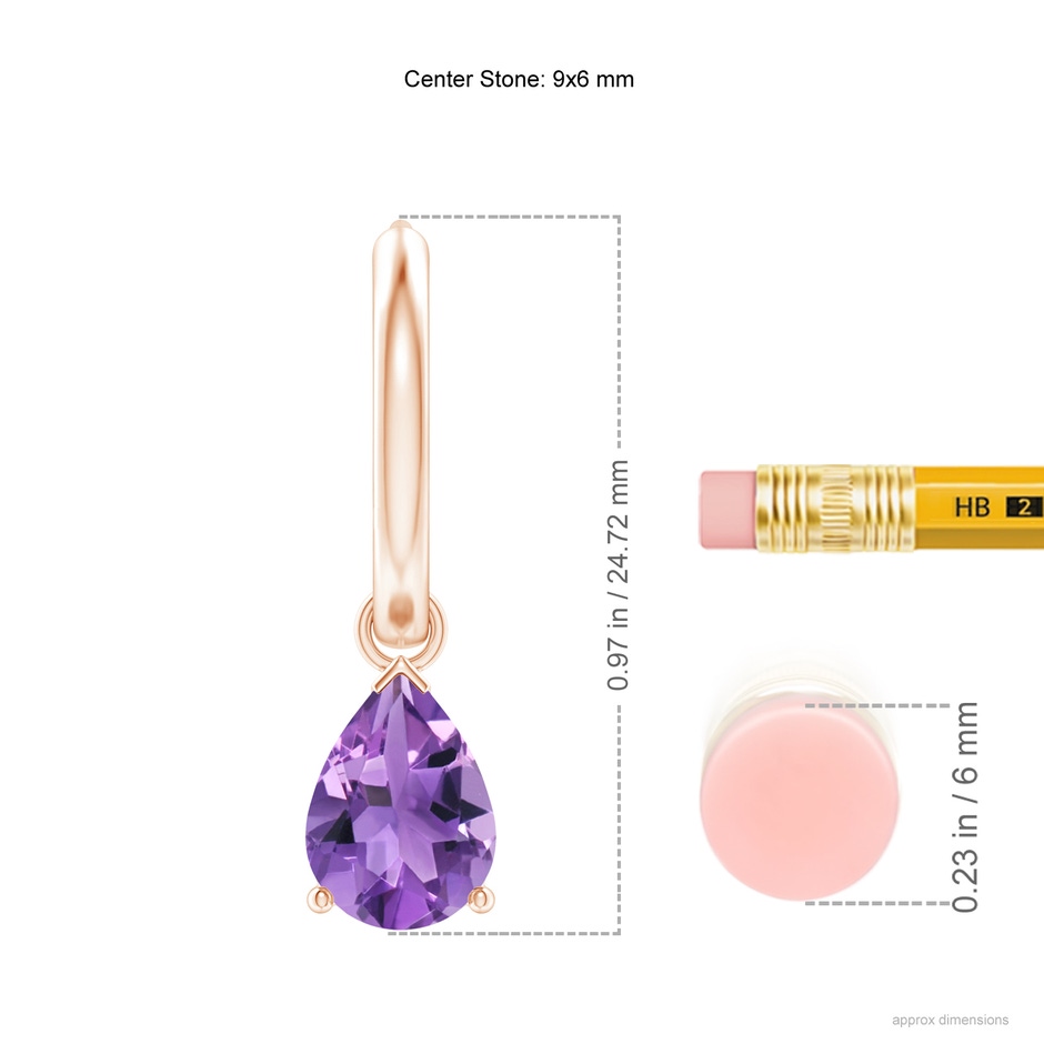9x6mm AA Pear-Shaped Amethyst Hinged Hoop Drop Earrings in Rose Gold ruler
