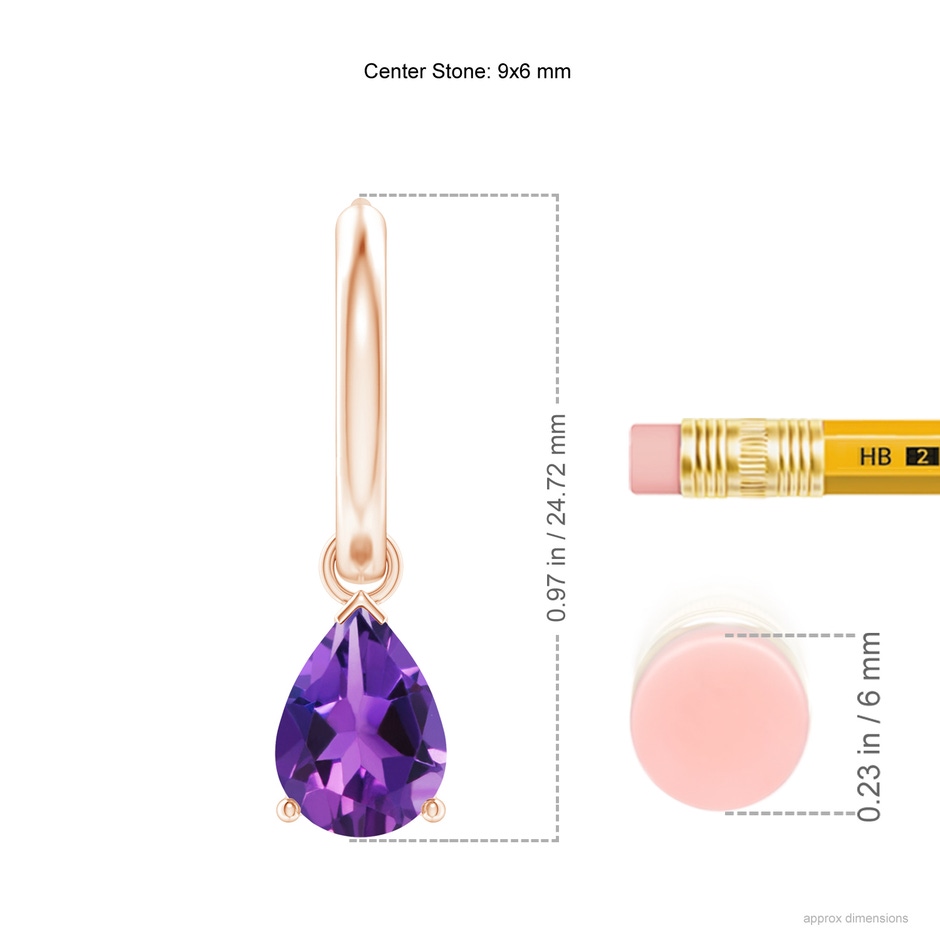 9x6mm AAAA Pear-Shaped Amethyst Hinged Hoop Drop Earrings in Rose Gold ruler