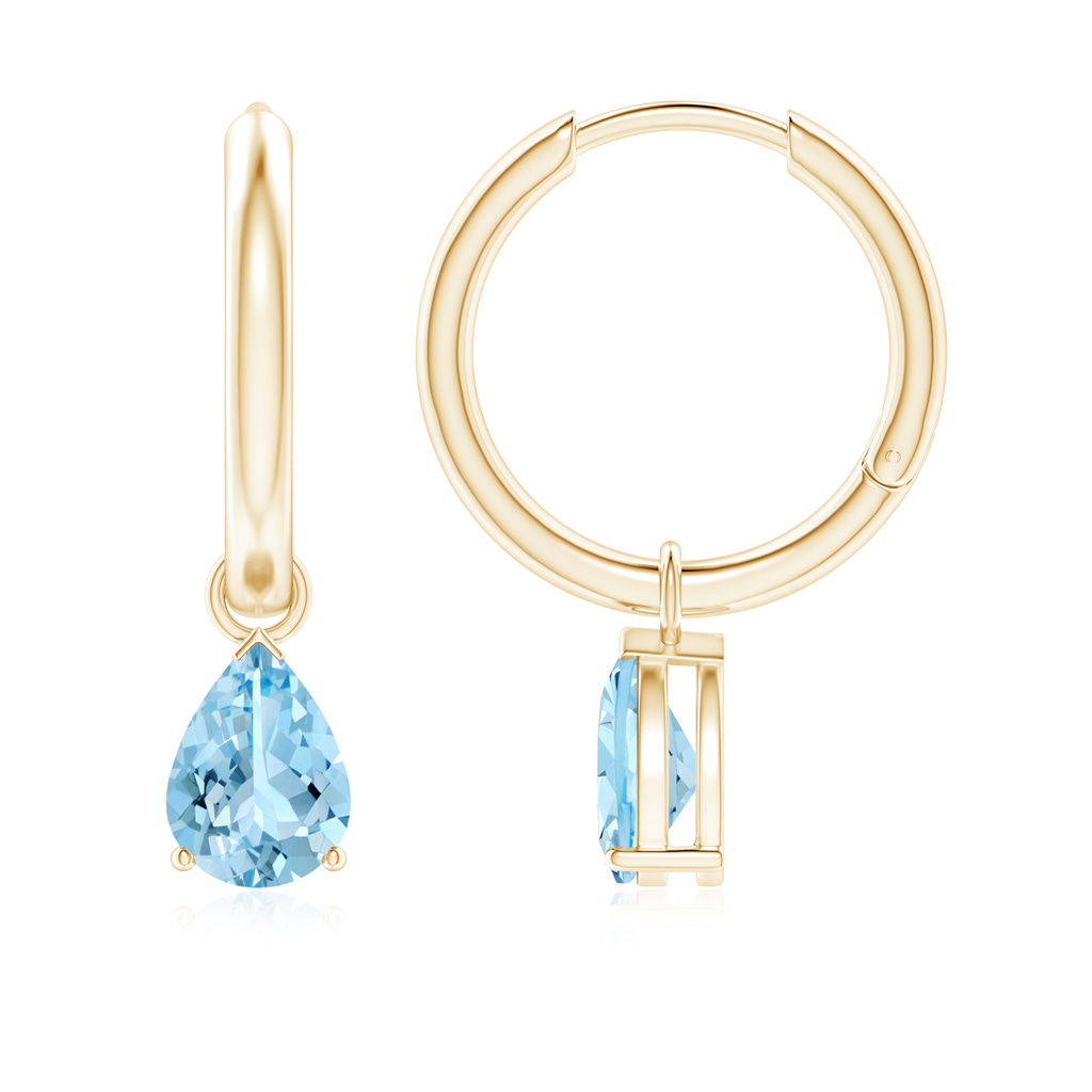 7x5mm AAAA Pear-Shaped Aquamarine Hinged Hoop Drop Earrings in Yellow Gold