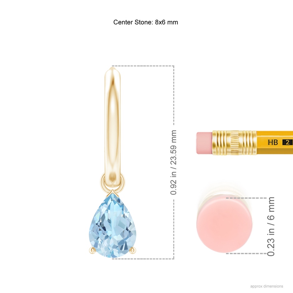 8x6mm AAA Pear-Shaped Aquamarine Hinged Hoop Drop Earrings in Yellow Gold ruler