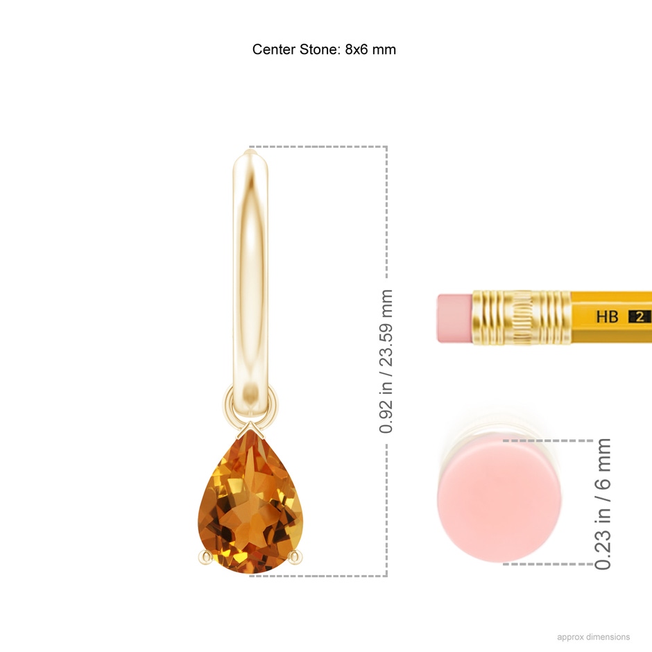 8x6mm AAA Pear-Shaped Citrine Hinged Hoop Drop Earrings in Yellow Gold ruler