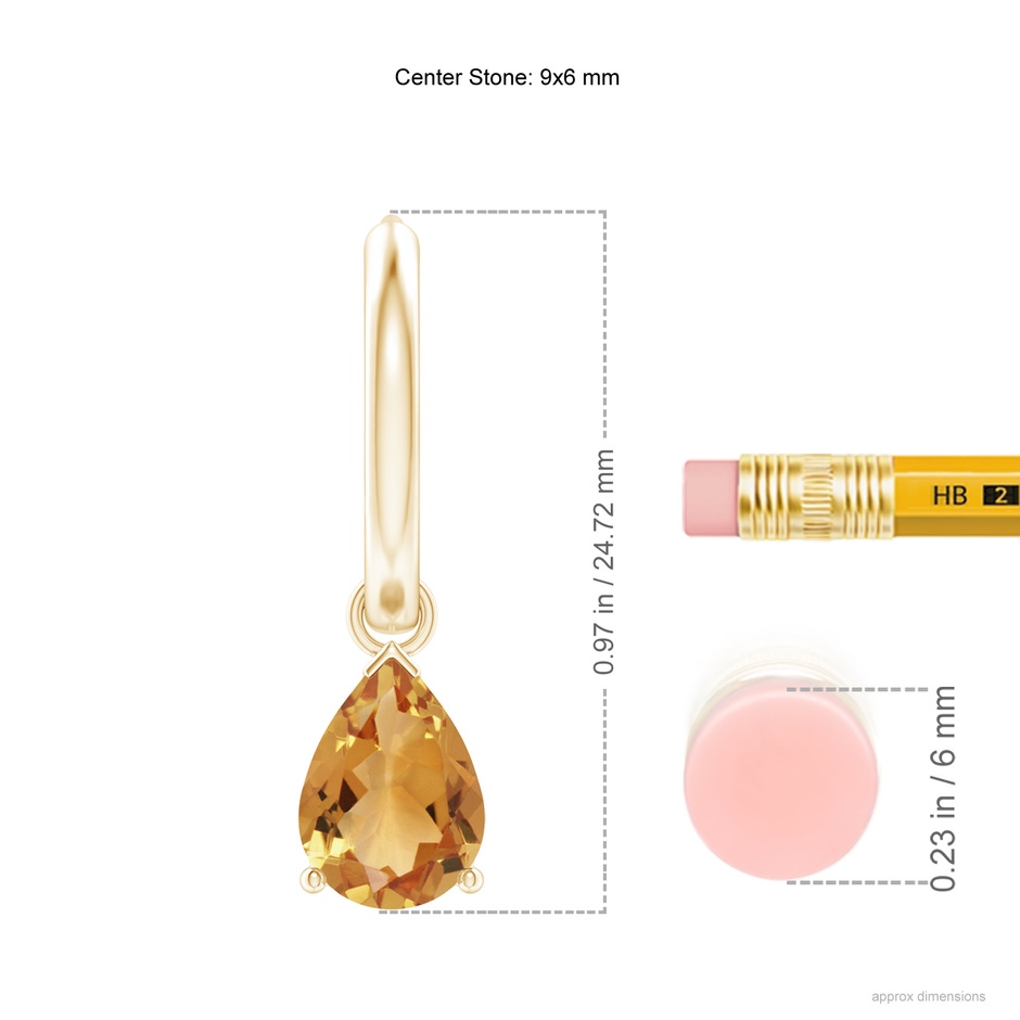 9x6mm A Pear-Shaped Citrine Hinged Hoop Drop Earrings in Yellow Gold ruler