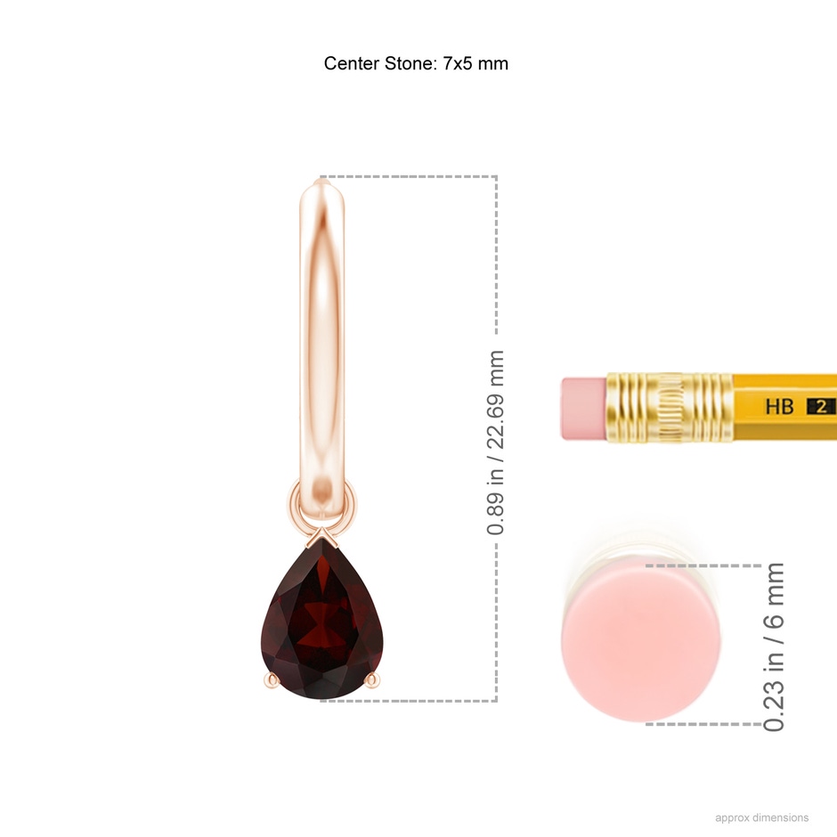 7x5mm A Pear-Shaped Garnet Hinged Hoop Drop Earrings in Rose Gold ruler