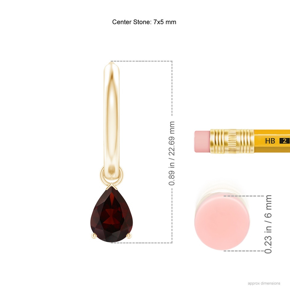 7x5mm A Pear-Shaped Garnet Hinged Hoop Drop Earrings in Yellow Gold ruler