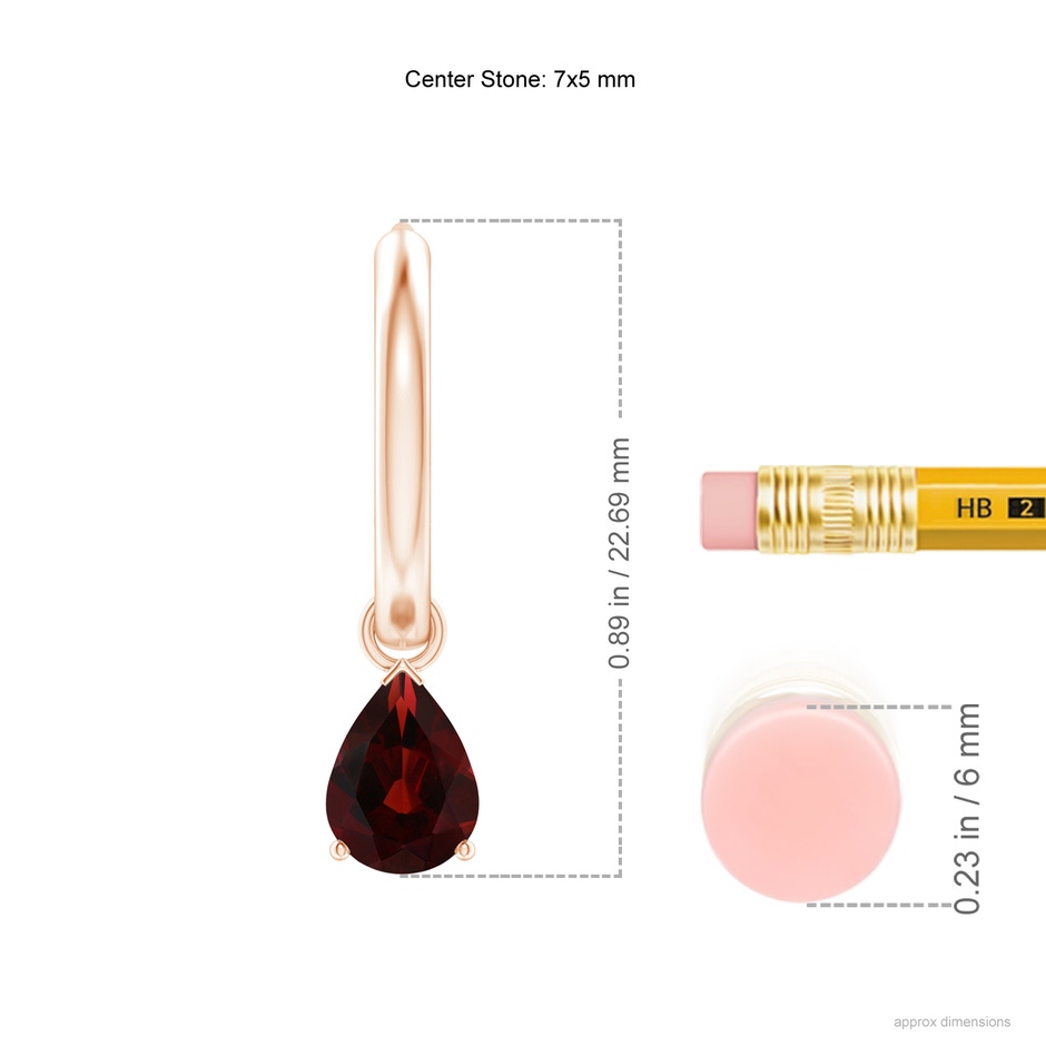 7x5mm AA Pear-Shaped Garnet Hinged Hoop Drop Earrings in Rose Gold ruler