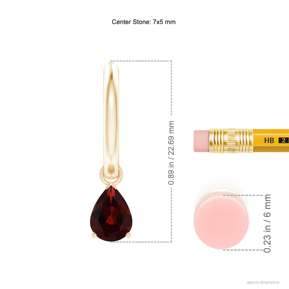 7x5mm AA Pear-Shaped Garnet Hinged Hoop Drop Earrings in Yellow Gold ruler
