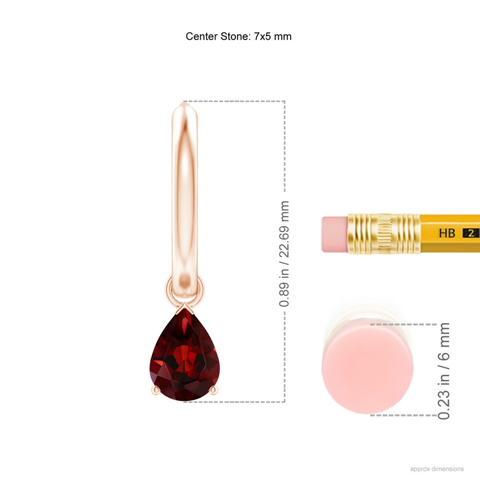 7x5mm AAA Pear-Shaped Garnet Hinged Hoop Drop Earrings in Rose Gold ruler