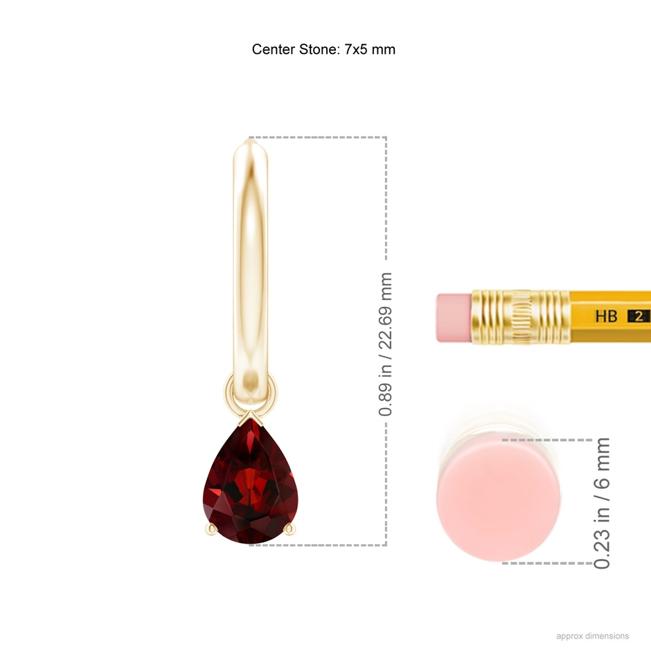7x5mm AAA Pear-Shaped Garnet Hinged Hoop Drop Earrings in Yellow Gold ruler