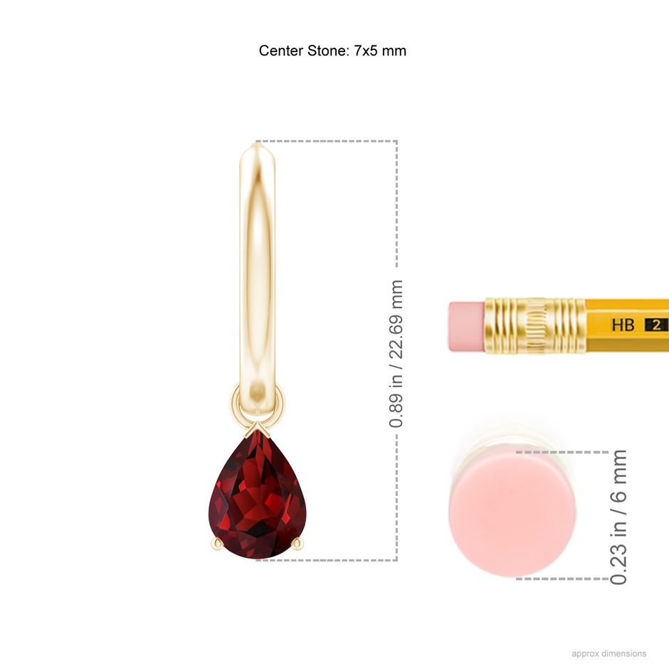7x5mm AAAA Pear-Shaped Garnet Hinged Hoop Drop Earrings in Yellow Gold ruler